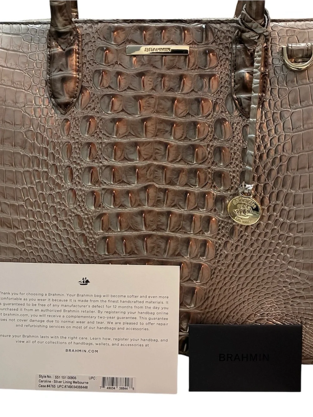 Brahmin Caroline Silver Lining Melbourne Embossed Leather Satchel Tote Bag